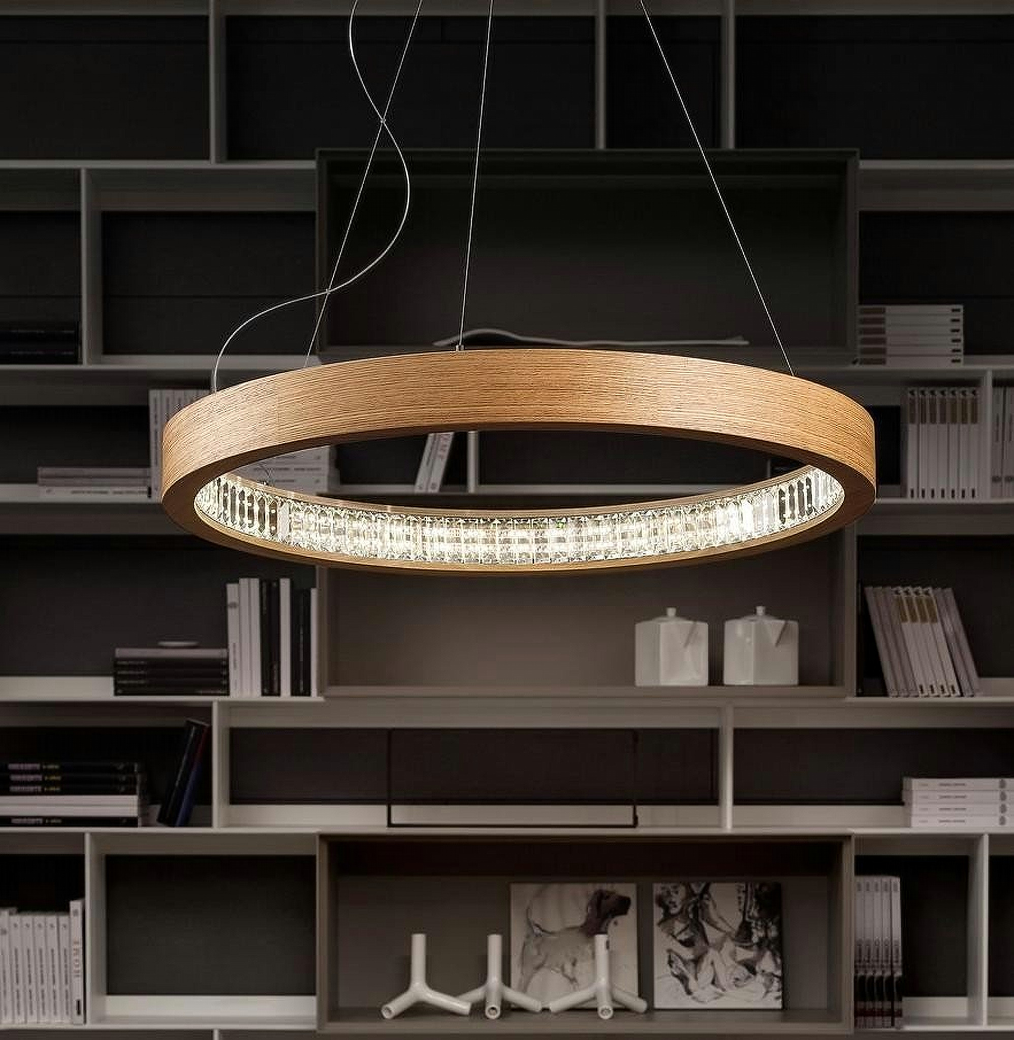 LED Φωτιστικό Ξύλο & Κρύσταλλο 48Watt Masiero Libe Round